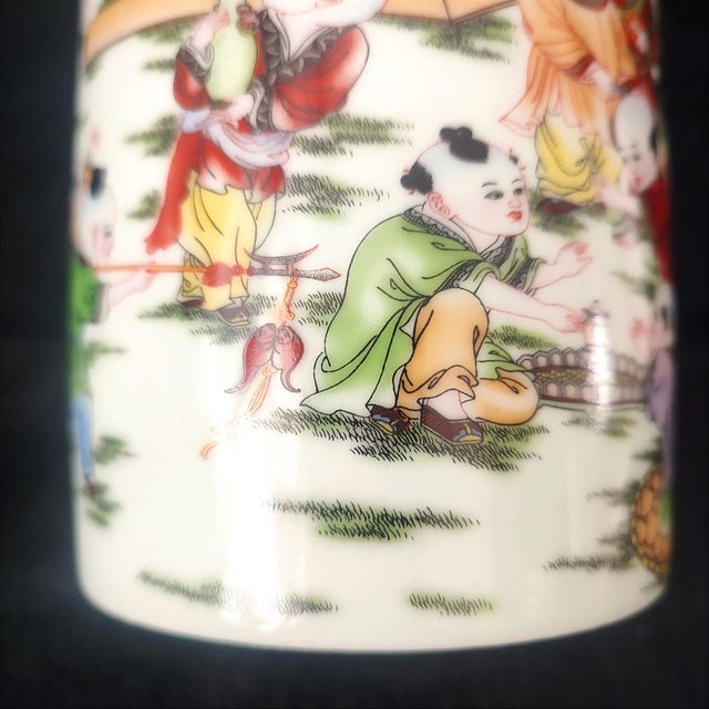 Chinese Ceramic Pot,Tongzhi Marked Famille Rose Porcelain Brush Pot Hand Painted Playing Children Pattern For Sale - Image 9 of 11
