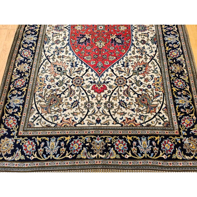 Vintage Qum Area Rug, Hand-Knotted Wool & Silk, Floral Medallion Pattern, 5x7, Ivory & Red For Sale - Image 14 of 18