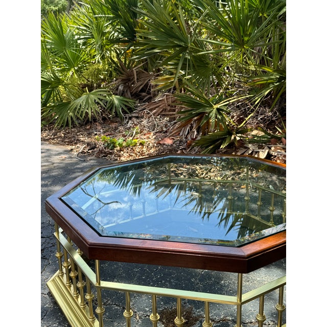 Vintage Solid Brass & Wood Octagonal Coffee Table With Thick Glass Top | Hollywood Regency Cocktail Table For Sale In Tampa - Image 6 of 8