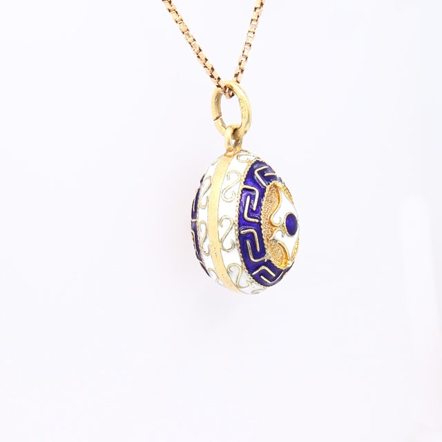 Blue Vintage 14k Gold and Blue & White Enamel Figural Russian Style Egg Charm Pendant For Sale - Image 8 of 12