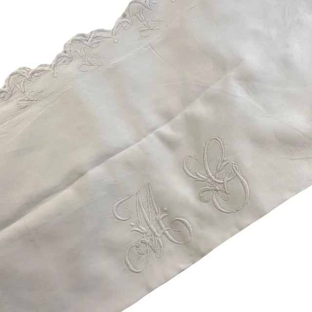Asian Antique Fine French Antique Linen Pillowcase, Hand Embroidered MG Monogram & Scalloped Edge, France circa 1900 For Sale - Image 3 of 9