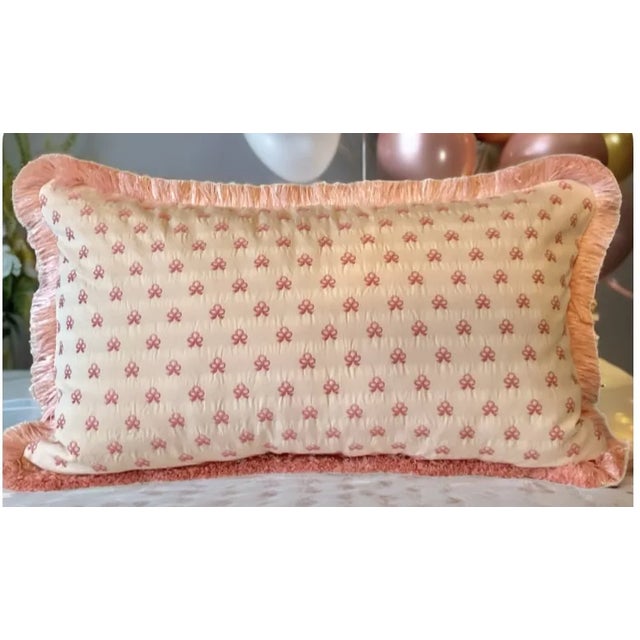 Embroidered Cowtan and Tout Bow Lumbar Pillow With Brush Trim Love Shack Fancy Inspired Down and Feather Insert For Sale - Image 4 of 5