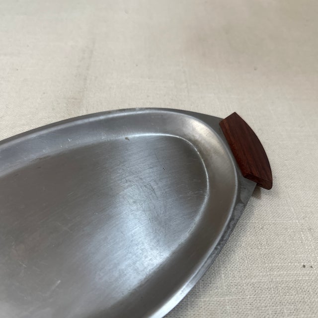 Small 1970s Silver-Tone Metal Serving Tray With Wooden Teak Handles For Sale - Image 4 of 7