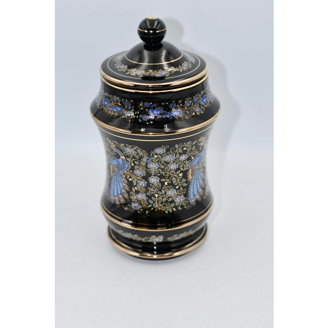 Contemporary 1970s Anapale Greece Back Lidded Canister Jar 24k Gilded Hand Painted Peacock Birds For Sale - Image 3 of 9
