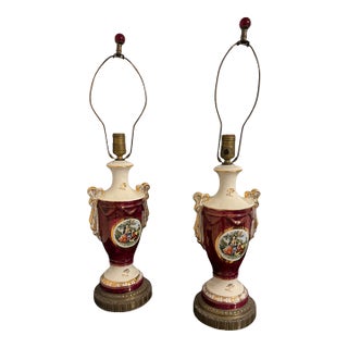 Vintage Ruby Porcelain Courting Scene Table Lamps With Gilt Accents — Pair For Sale