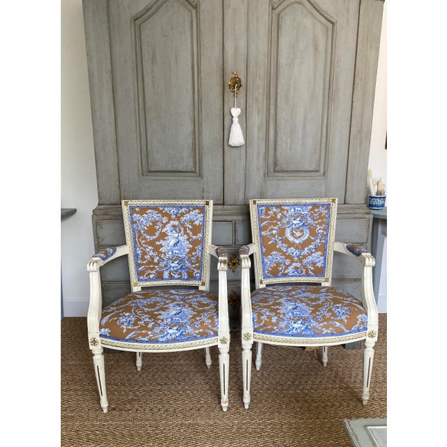 Blue Set of Gustavian Armchairs with Toile De Jouy Cover For Sale - Image 8 of 9