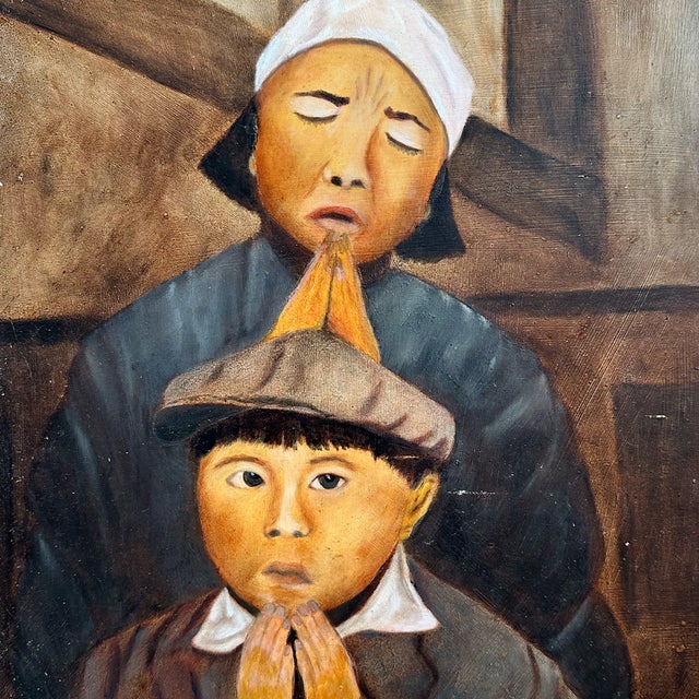 Mid 20th Century Mid 20th Century Framed Naïve-Style Figurative Painting of Mother and Son in Prayer For Sale - Image 5 of 5