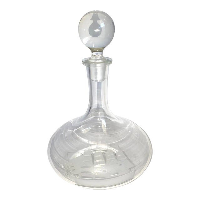 Vintage Etched Glass Ship Decanter Toscany Romania 1960s For Sale