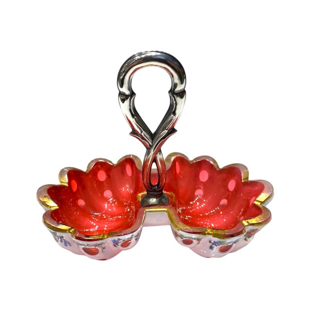 Biedermeier Antique Viennese Biedermeier Ruby Opaline Glass Bonbon Dish With Gilt Floral Enamel Decoration & Silver Handle, c.1830 For Sale - Image 3 of 16