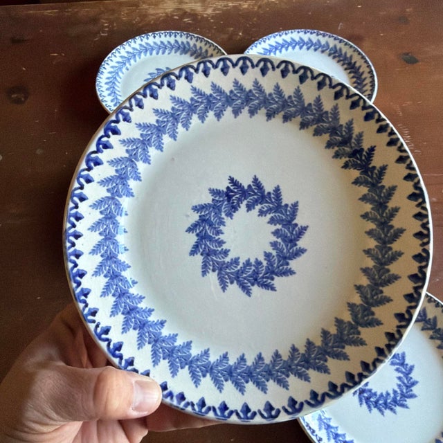 Set of 6 Antique Blue Stick Spatter Fern Plates, 8", Late 19th Century For Sale - Image 11 of 18