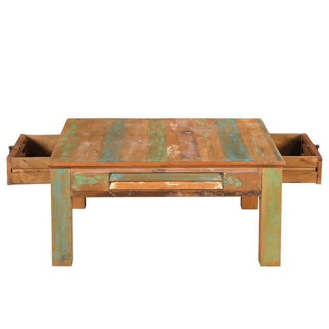 1990s 1990s Rustic Brown Reclaimed Wood Square Coffee Table With Drawers For Sale - Image 5 of 5