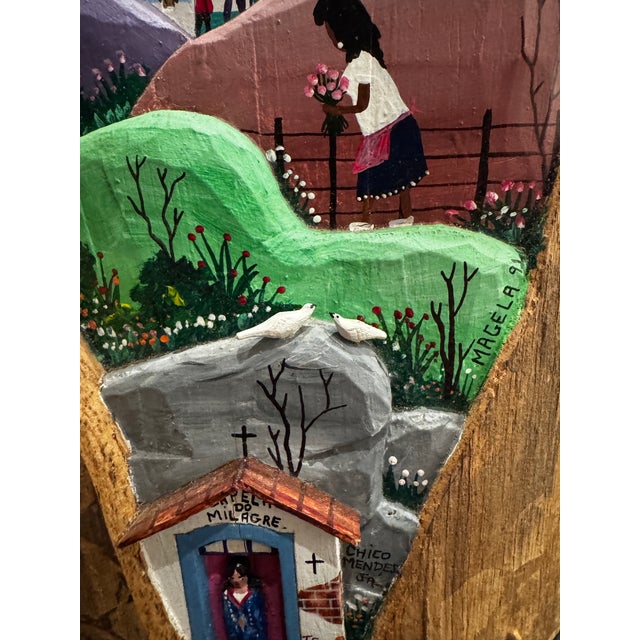 Folk Art Vintage Brazilian Naïve Folk Art Village Painting on Wood by Magela De Santa Branca For Sale - Image 3 of 8