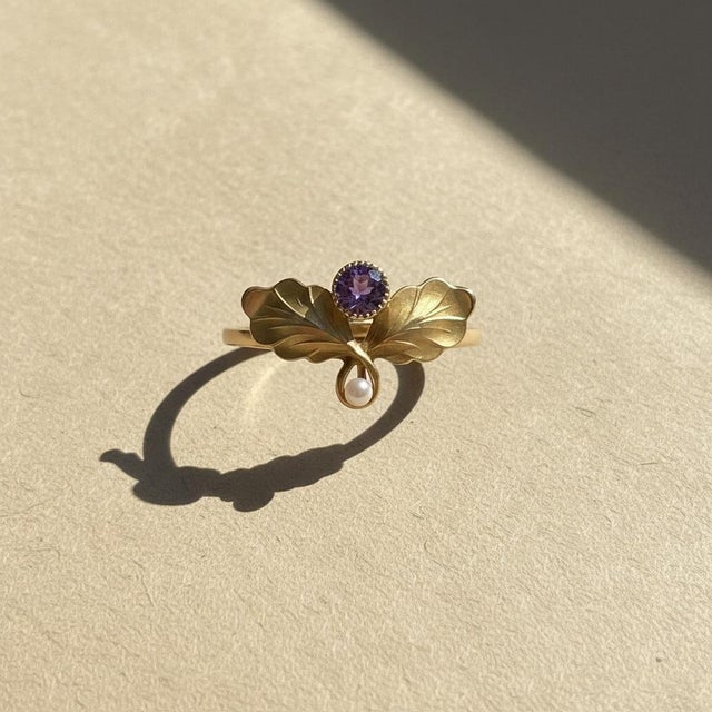 Not Yet Made - Made To Order Art Nouveau–Inspired Amethyst and Pearl Botanical Ring in 14k Gold, Size 7.5 For Sale - Image 5 of 7