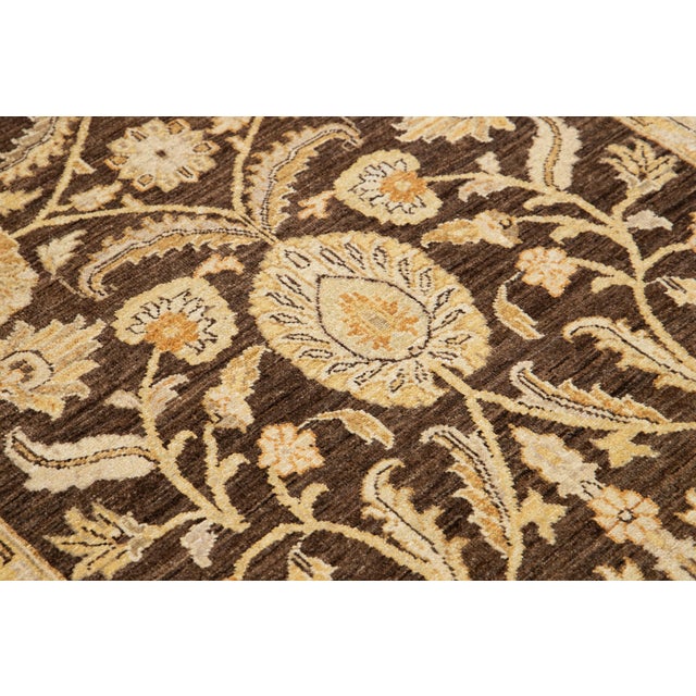 Modern Peshawar Handmade Brown Floral Wool Runner For Sale In New York - Image 6 of 12