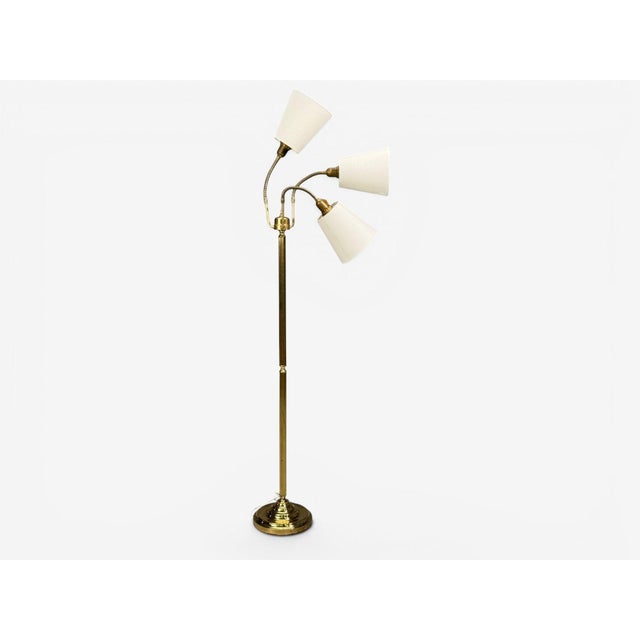 Brass 1970s Swedish Modern, Three Light Floor Lamp, Reeded Brass, Fabric, Sweden For Sale - Image 8 of 13