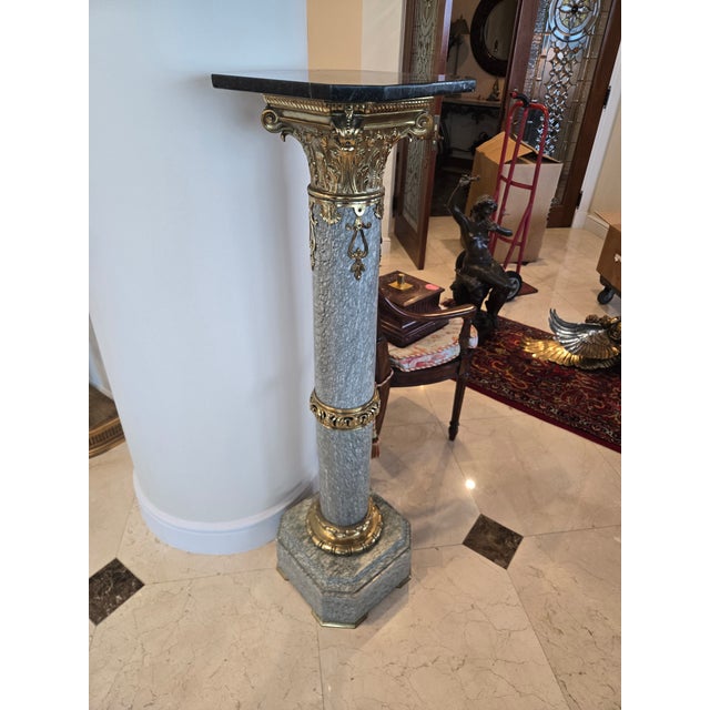 Gray Ornate French Style Louis 16th Gray Marble and Bronze Pedestal For Sale - Image 8 of 9