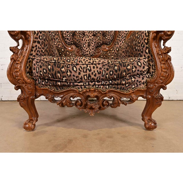 Italian Baroque Ornate Carved Walnut Throne Chair or Lounge Chair With Leopard Print Upholstery For Sale - Image 9 of 13