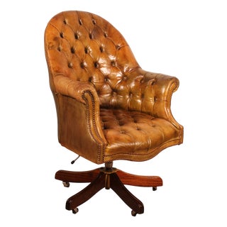 Office Chair in Mahogany and Cognac Leather, 1980s For Sale