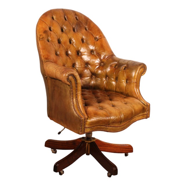 Office Chair in Mahogany and Cognac Leather, 1980s For Sale