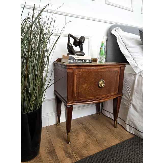 Very elegant and refined Italian 1950s Mid-Century Modern design, pair of bedside tables with single front door, green...