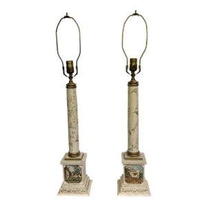 Pair of 1980s Hand Painted Wooden Column Lamps