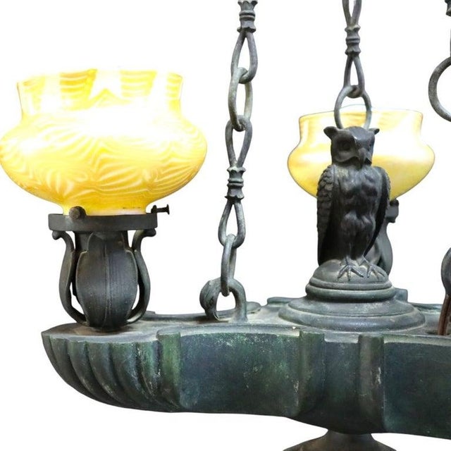 Aesthetic Movement Figural Bronze \Chandelier With Owl & Quezal Shades C1900 For Sale - Image 9 of 13