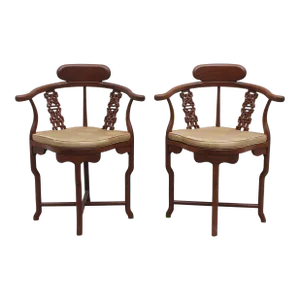 Rare 1940's Hollywood Regency Carved Wood Accent/ Side Chairs - Japonisant/ Chinoiserie a - Pair