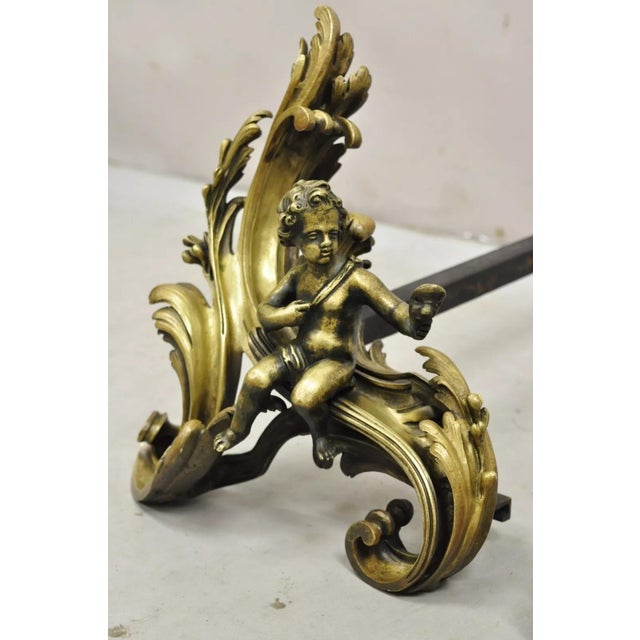 Rococo Antique French Rococo Louis XV Bronze Cherub Putti Andiron Chenets - a Pair For Sale - Image 3 of 12