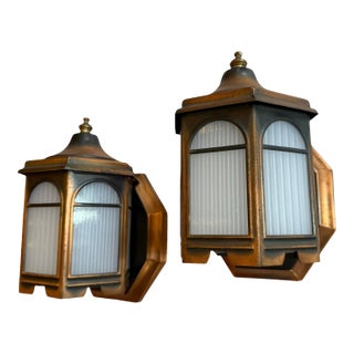 Mid 20th Century Weathered Brass and Copper Pair of Porch Lights - a Pair For Sale