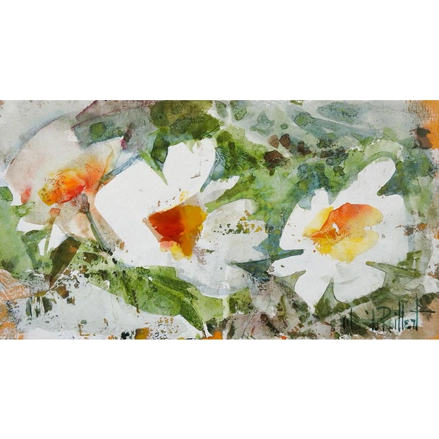 Mid Century Mixed Media Abstrat White Flowers Painting For Sale - Image 4 of 4