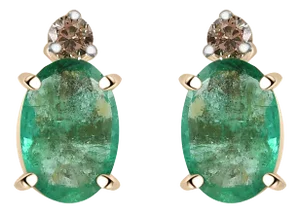Natural Emerald Diamond Stud Earrings in 14k Yellow Gold- a Pair