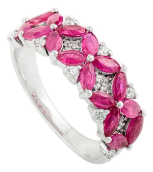 Art Deco Floral Ruby Ring With Cluster Diamonds in 14k White Gold Size 7