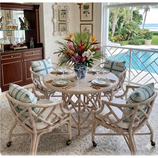 Henry Link Dining Set. Fully Refurbished, New Upholstered Seats. Chippendale, White Washed Chairs and Table With Glass. Classic Coastal Design For Sale - Image 12 of 12