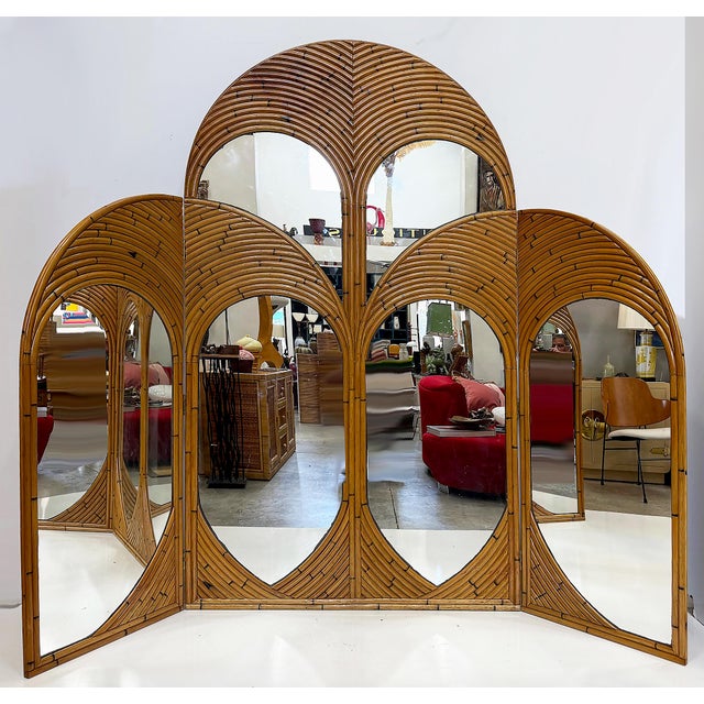 Modern Vintage Crespi Style Rattan and Mirror Folding Arch Screen, 3 Panels For Sale - Image 3 of 7