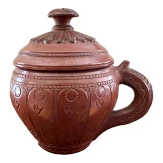 19th C Ottoman Terracotta Lidded Cup - Antique Islamic Redware Tobacco Jar Spice Pot For Sale