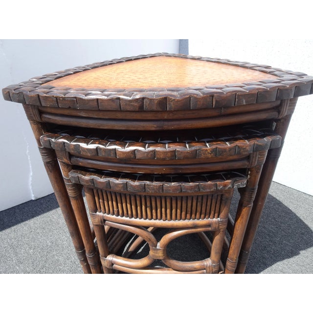 Set of Three Vintage Bamboo Coastal Rattan Leather Ostrich Nesting Tables Lh2 For Sale - Image 10 of 12