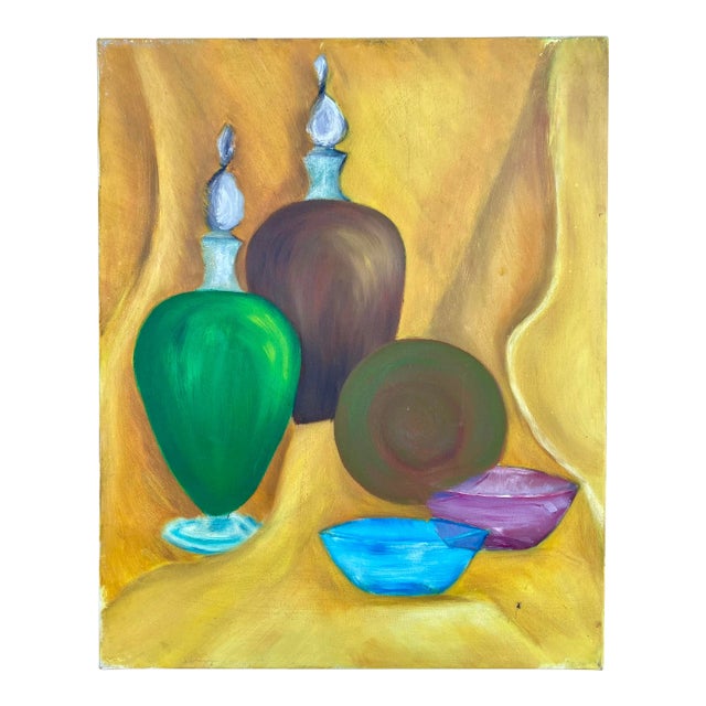 Midcentury Modern Original Painting on Canvas of Colorful Vases For Sale