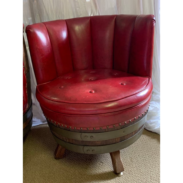 Folk Art Set of 4 Vintage 1970s Whiskey Barrel Chairs | Red Vinyl For Sale - Image 3 of 12