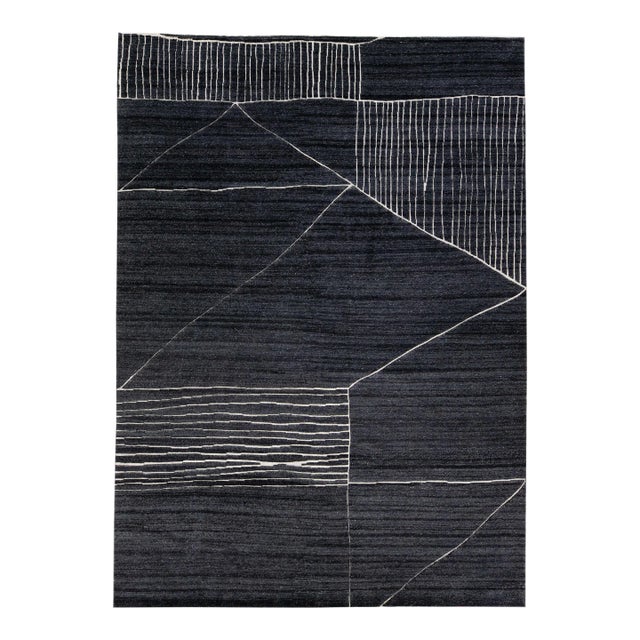 2020s Charcoal Modern Moroccan Style Handmade Geometric Wool Rug by Apadana For Sale