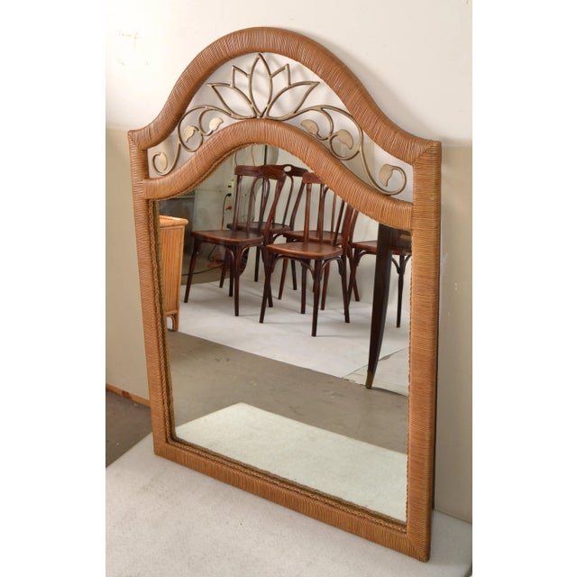 Wood Monumental 1970s Hand Woven Cane Wood Wall Mirror Wrought Iron Arch Design For Sale - Image 7 of 12