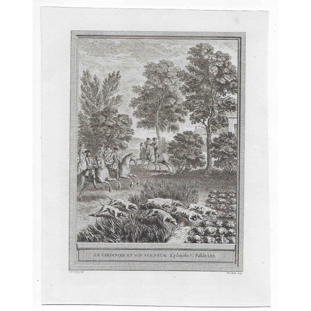 Antique print of the Jean Baptiste Oudry engraving "The Gardner and his Lord."