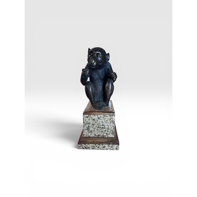 1970s Vintage Maitland-Smith Bronze Monkey Sculpture on Stone Pedestal For Sale - Image 5 of 12