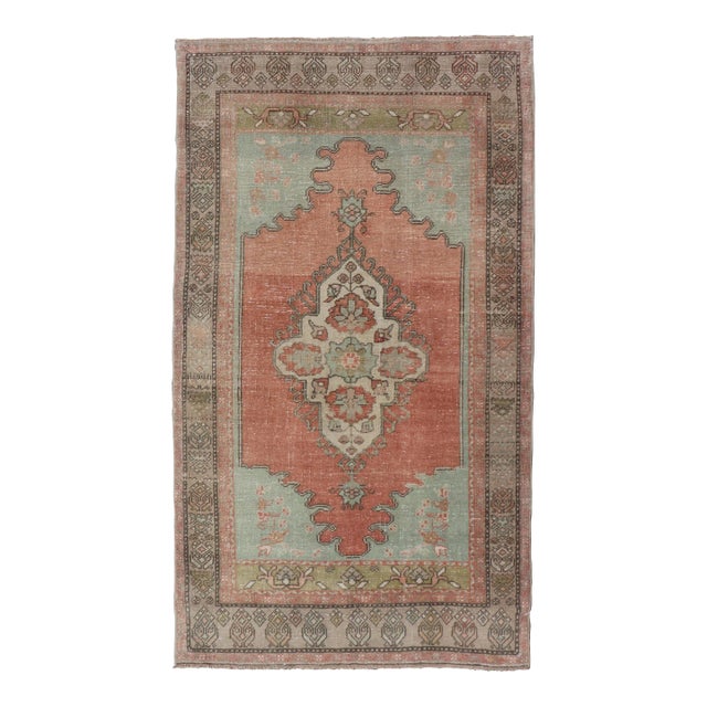 Vintage Turkish Oushak Rug With Medallion in Earthy Color Tones With Coral Color 3'2 X 5'11 For Sale