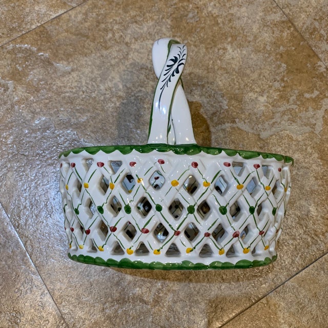 White Vintage Ceramic Braided Floral Painted Basket For Sale - Image 8 of 10