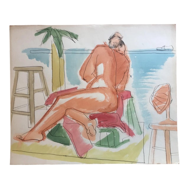 Mid-Century Figurative Gouache Painting "Flo Allen, Lamp, Shoe" For Sale