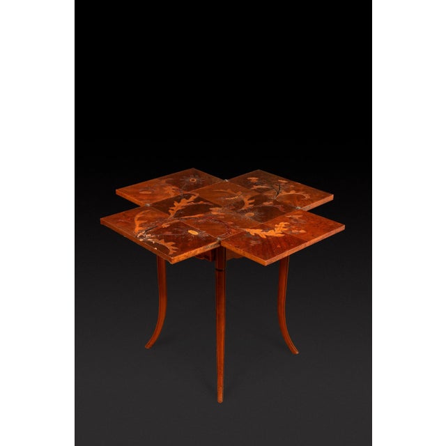 Game Table in Walnut and Veneer Marquetry with Floral Decoration of Thistles by Emile Galle, 1910s For Sale - Image 4 of 17