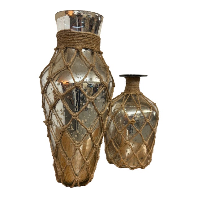 Twine Wrapped Mercury Glass Bottles, Set of Two For Sale