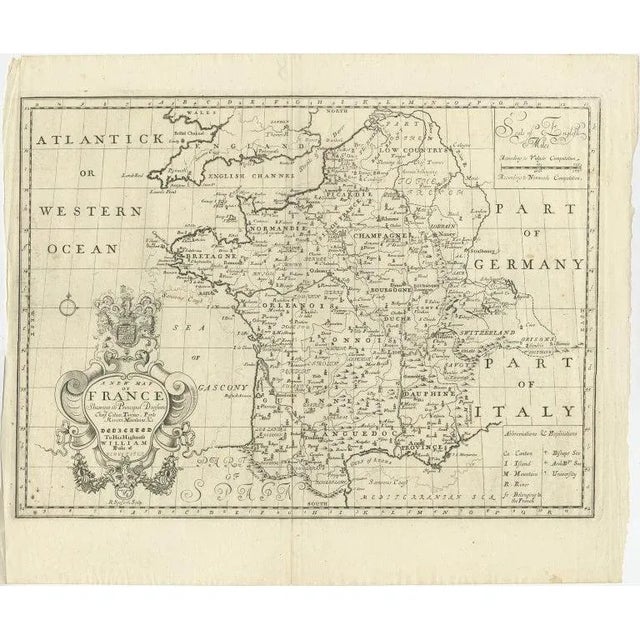 Antique map titled 'A New Map of France (\.)'. Original antique map of France. It covers all of France and parts of...