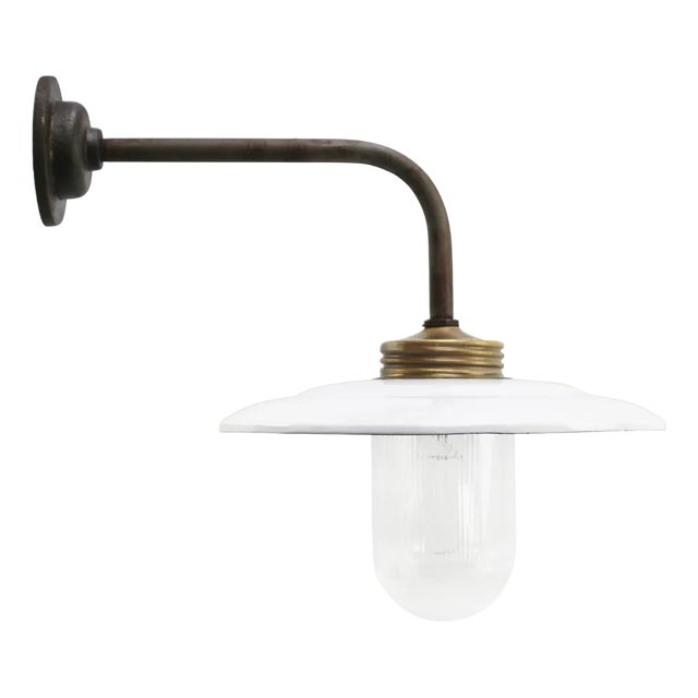 Vintage Industrial Brass and Glass Wall Light in White Enamel For Sale
