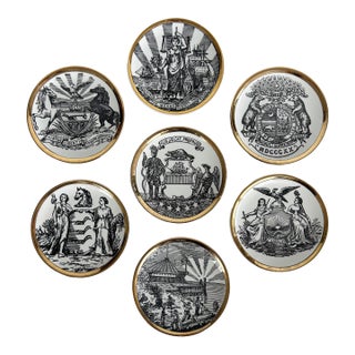 Piero Fornasetti 1950s Emblems of the States Coaster Set of 7, Italy For Sale